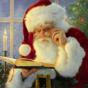 painting of santa reading story of christmas from bible