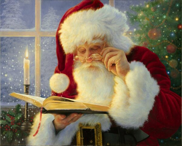 painting of santa reading story of christmas from bible