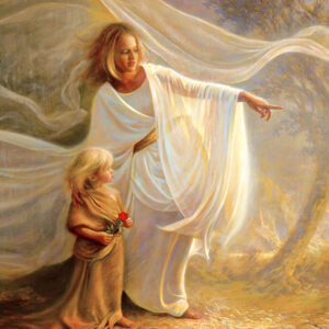 angel pointing way blonde little girl holding rose