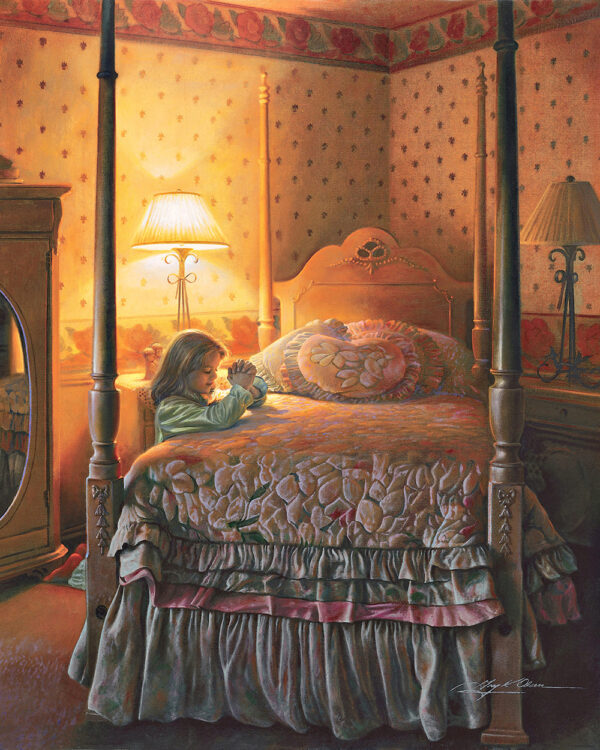 painting girl praying by bed