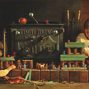 painting - two boys playing lincoln logs