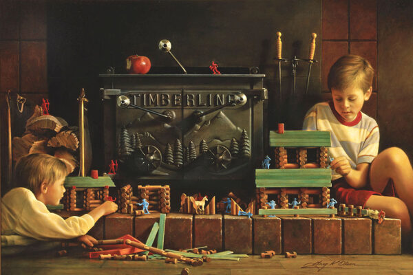 painting - two boys playing lincoln logs