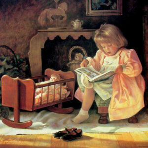 painting girl reading to doll