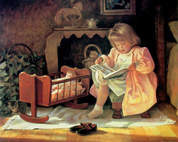 painting girl reading to doll
