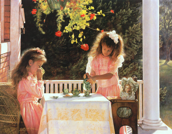painting two girls porch tea party