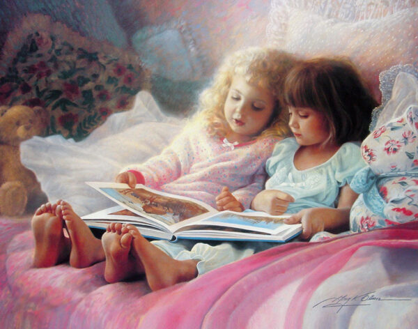 painting two girls reading book in bed