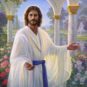 jesus in white robe with open arms