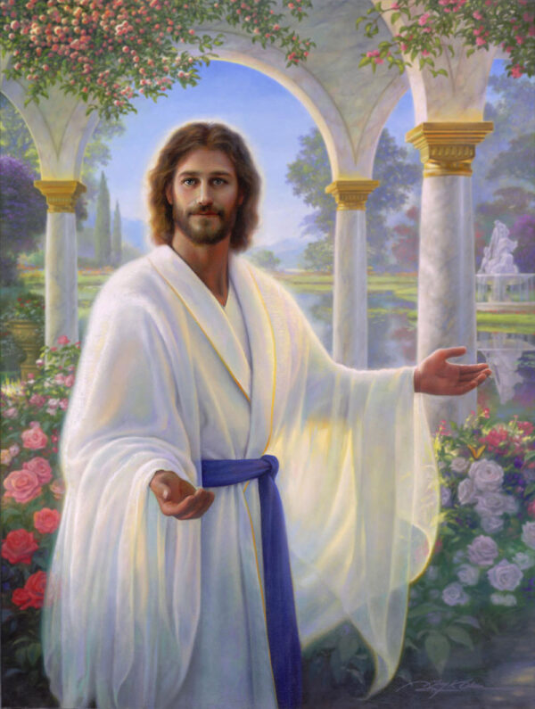jesus in white robe with open arms