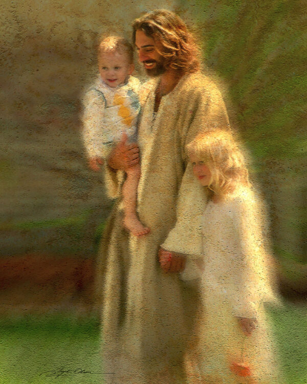 blonde girl standing by jesus holding boy