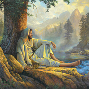 jesus sitting under tree by river forest