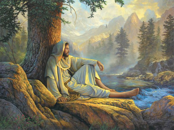 jesus sitting under tree by river forest