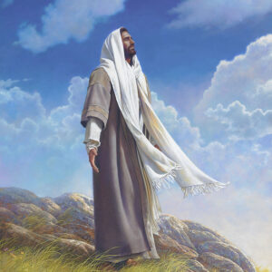 jesus standing basking in sun and blue sky