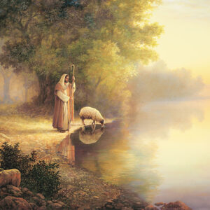 painting of jesus on shore by drinking sheep