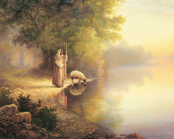 painting of jesus on shore by drinking sheep