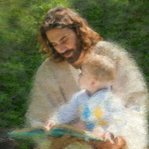 jesus reading book to boy on his lap