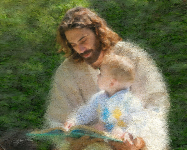 jesus reading book to boy on his lap