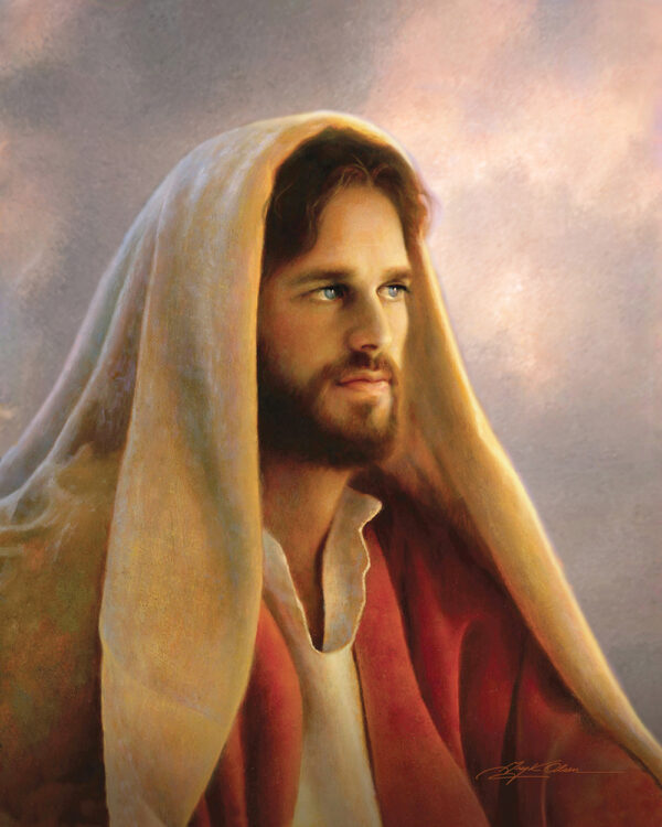 portrait painting of jesus with shawl red robe