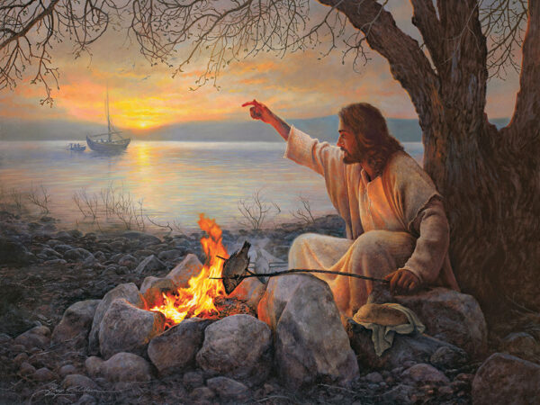 jesus by fire cooking fish on shore