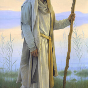 smiling jesus walking with a staff