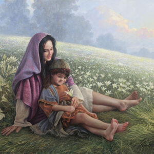 mary young jesus sitting in field of white flowers