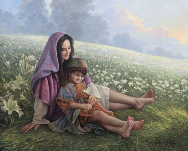 mary young jesus sitting in field of white flowers