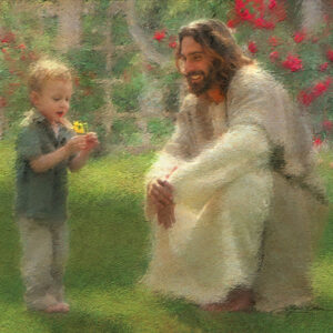 jesus hunched down with small boy holding yellow flower