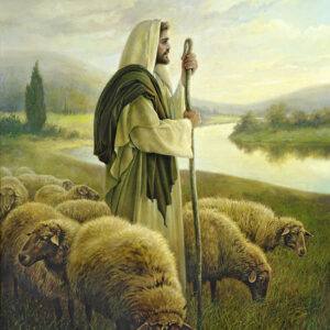 jesus herding sheep by a river