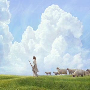 jesus leading sheep with green hills big clouds