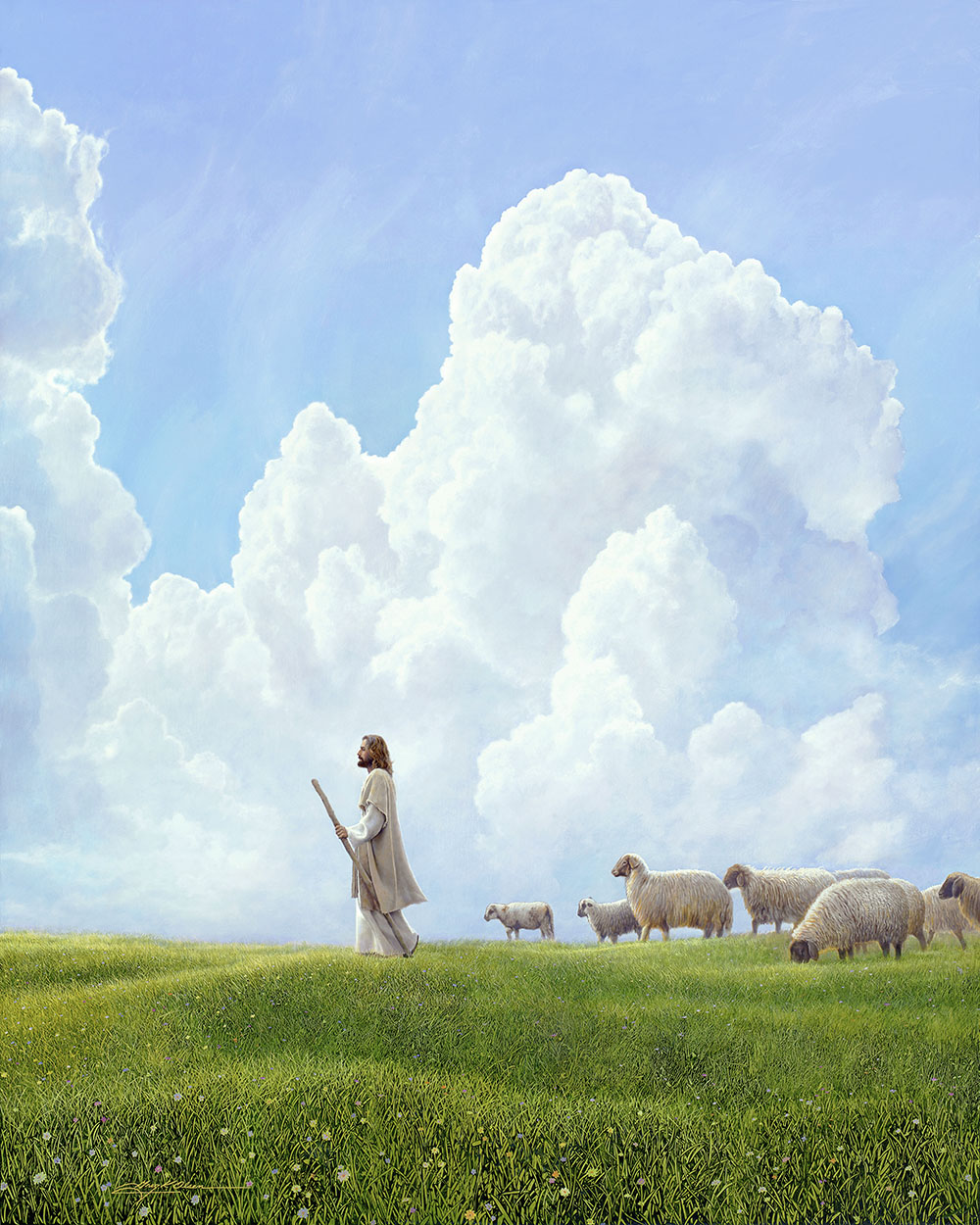 jesus leading sheep with green hills big clouds