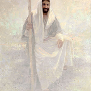 neutral colors impressionistic painting of jesus with a staff