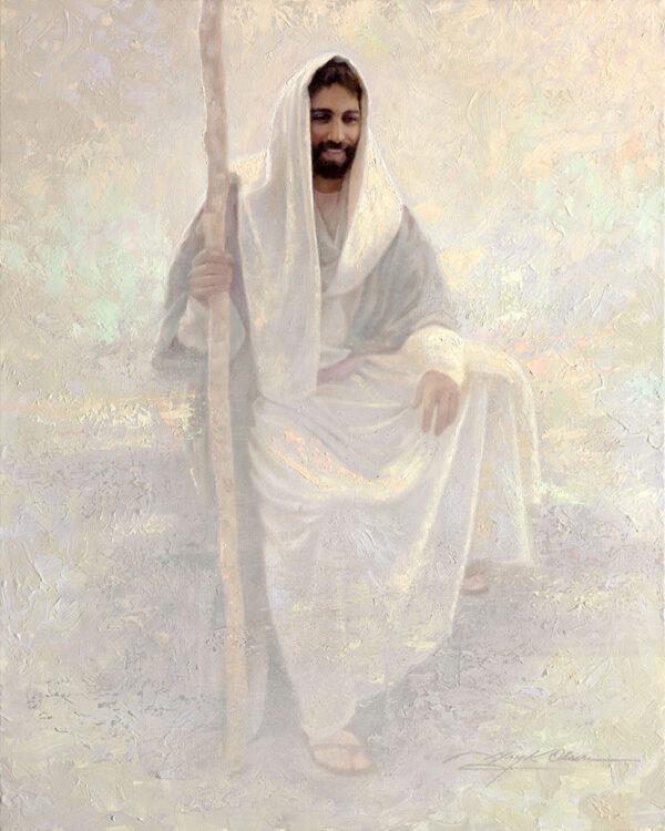 neutral colors impressionistic painting of jesus with a staff