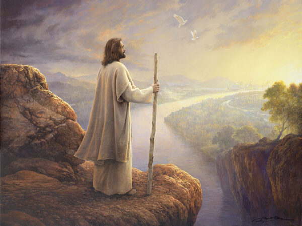jesus standing on ledge above river