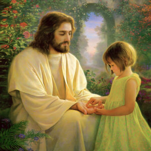 jesus showing scars in hands to girl