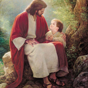 boy looking up at jesus in red robe