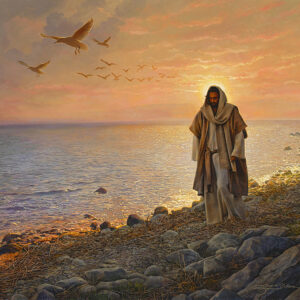 jesus walking on shore at sunset