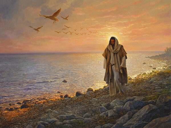 jesus walking on shore at sunset