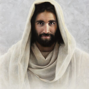 portrait painting of dark complexion jesus with a shawl and eyes that follow you