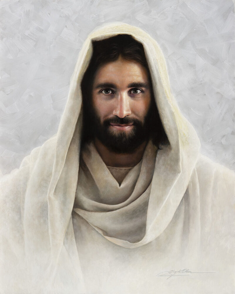 portrait painting of dark complexion jesus with a shawl and eyes that follow you