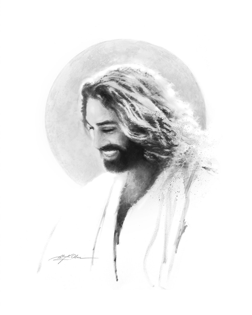 vignette sketch of jesus smiling