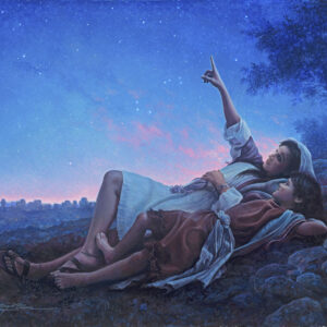 mary pointing stars night sky with young jesus
