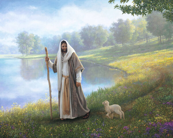 jesus leading a little lamb along a trail