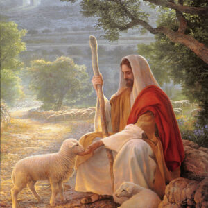 jesus holding staff feeding sheep