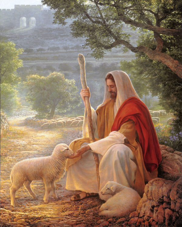 jesus holding staff feeding sheep