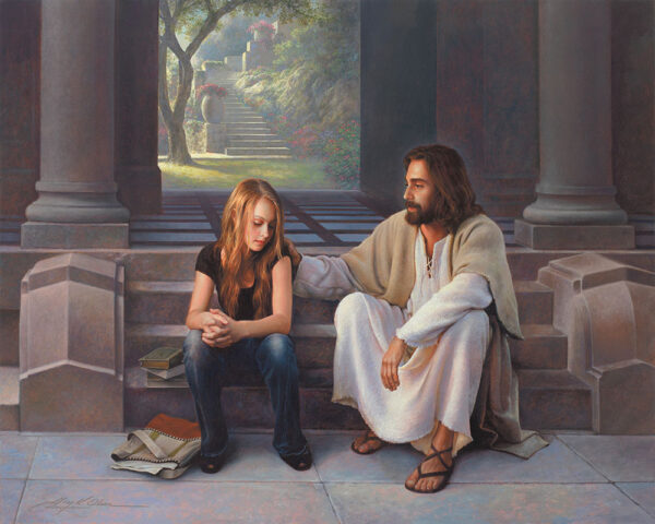 jesus sitting on steps with his arm around teenage girl
