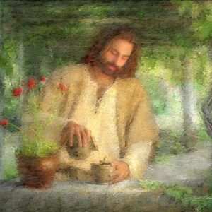 jesus watering flower plant