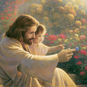 jesus holding baby pointing at butterfly