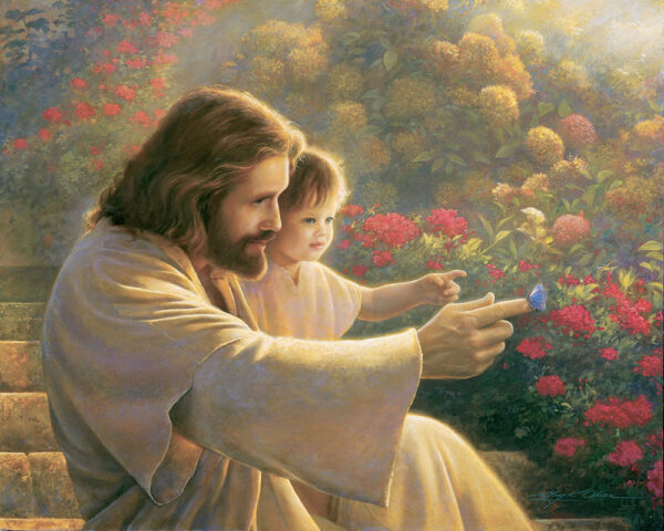 jesus holding baby pointing at butterfly