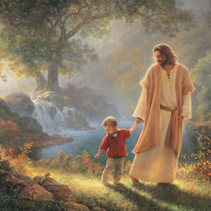 jesus walking holding hands with little boy