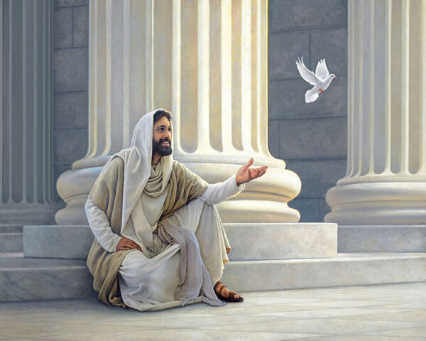 jesus in front of temple releasing a white dove