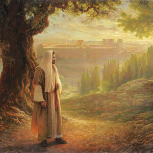 jesus walking on path looking back at jerusalem